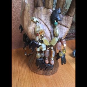 Vintage wood carved elephant and stones women’s necklace